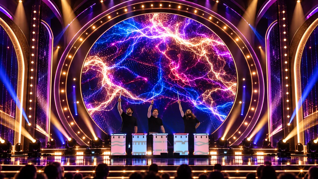 AI concept: LuminaDrums in a champagne spectacle stage setting inspired by Las Vegas